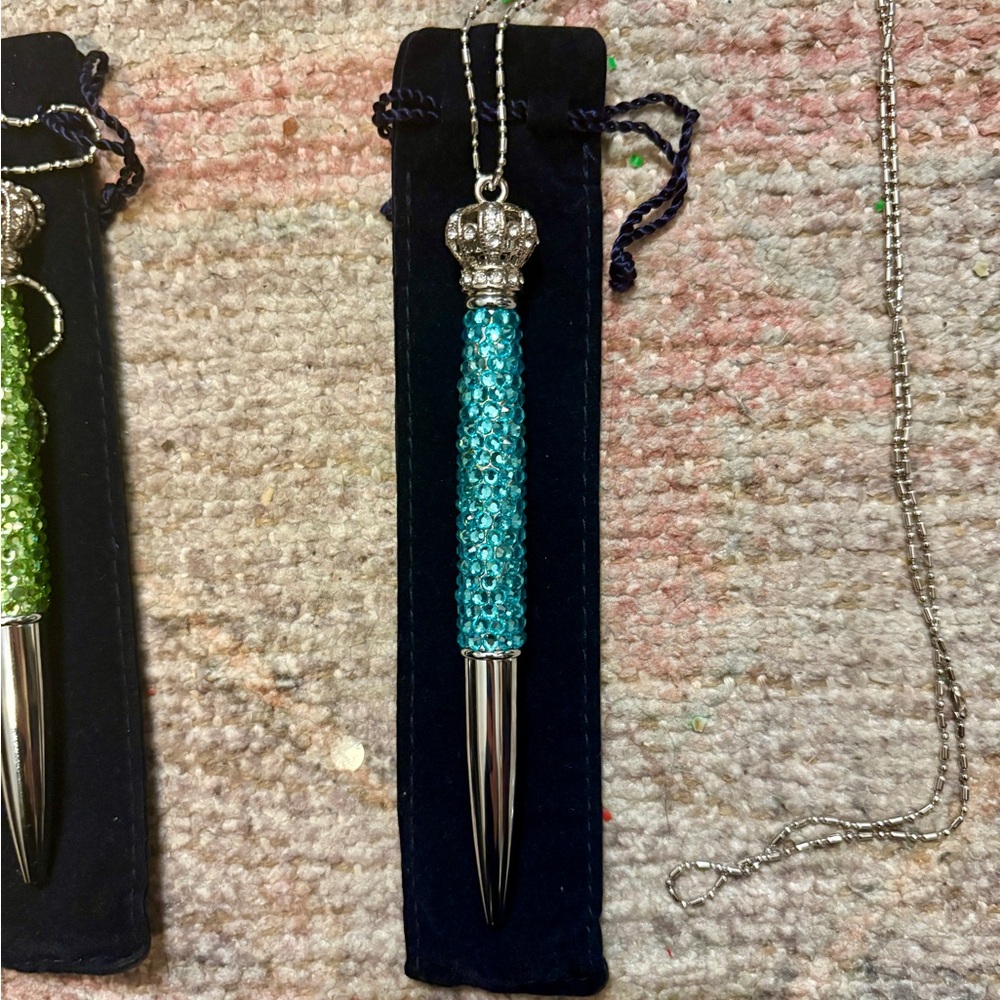 Set of 2 Lori Greiner Bedazzled Rhinestone Crown Top Pens on Chains - Picture 5 of 8